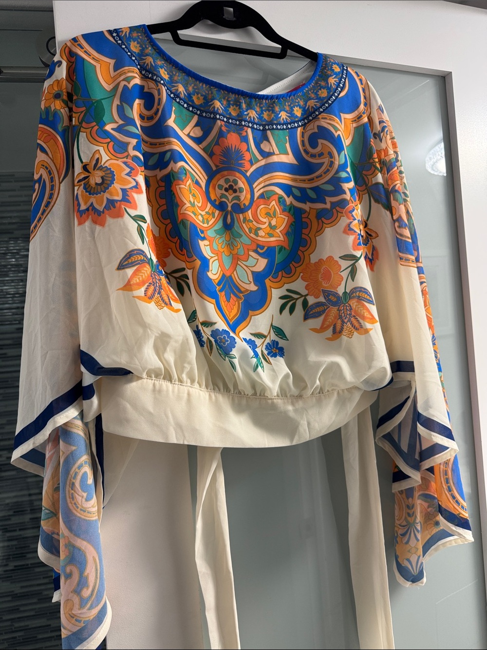 Flying Tomato Cream Boho Floral Tie-Back Blouse with Blue & Orange Accents